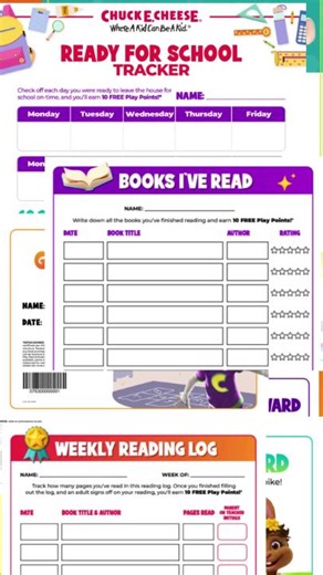 Ready, set, read! 📚 Our Reading Trackers are here just in time for International Literacy Day. ✨ Download yours today and complete for 10 free Play Points! http://spklr.io/6187BHxeW | Chuck E. Cheese