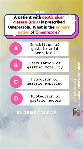 A patient with peptic ulcer disease (PUD) is prescribed Omeprazole. What is the primary action of Omeprazole? * * * #nurses #doctors #nursing #medical #nurseexam #NCLEX #nclexreview #nclexrn #registerednurse #medicaldoctor #medicine #studentlife #exam #exampreparation #nclexprep #nursingstudent #medicalstudent #RN #NMC #NGN #PNLE #NLE #USRN #RN #rnlife #nursinglife #fbreels #fypシ゚ @highlight @followers @everyone | Nursing Reference Cards