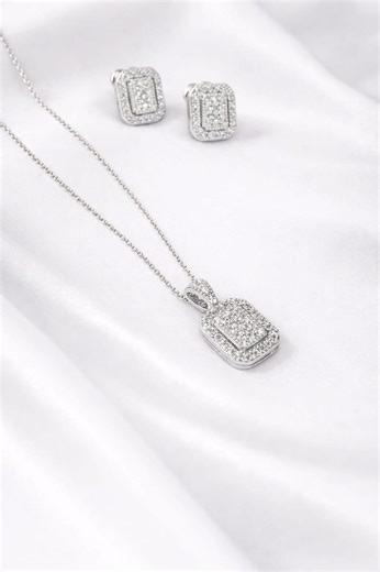 Sterling Silver Diamond Halo Jewelry Set, Octagon Pendant Necklace and Stud Earrings - Etsy