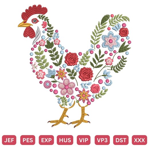 Floral Rooster Embroidery Design, Farmhouse Chicken Rose Pattern (digital Download) - Etsy Australia