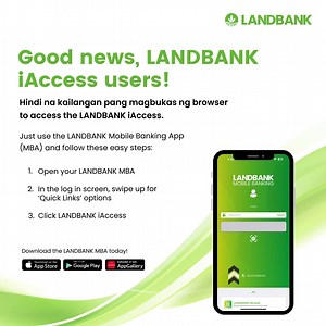 𝗘𝘅𝗰𝗶𝘁𝗶𝗻𝗴 𝘂𝗽𝗱𝗮𝘁𝗲 𝗳𝗼𝗿 𝗟𝗔𝗡𝗗𝗕𝗔𝗡𝗞 𝗶𝗔𝗰𝗰𝗲𝘀𝘀 𝘂𝘀𝗲𝗿𝘀! ✨📱 You can now access iAccess directly from the LANDBANK Mobile Banking App (MBA). No need to open your browser! Simply follow these easy steps: 1. Open your LANDBANK MBA 2. In the login screen, swipe up the 'Quick Links' options 3. Click LANDBANK iAccess Download the LANDBANK MBA today and enjoy seamless banking! 📲 Google Play Store: https://bit.ly/2uQmPir Apple App Store: https://apple.co/2q9OiXA Huawei App Gall