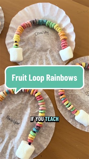 This rainbow threading activity is such an easy way to build fine motor and early learning skills. Kids thread colorful cereal onto pipe cleaners and add marshmallows to the ends to create rainbow clouds. While they play, they’re practicing hand-eye coordination, color recognition, pattern building, and concentration. Simple activities like this are perfect for daycare, preschool, and toddlers learning through play. #preschoolactivities #daycareteacher #toddleractivities #learningthroughplay #fi