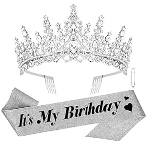 CURASA Birthday Tiara and Sash - Silver Birthday Crown for Women, Perfect for Parties and Celebrations
