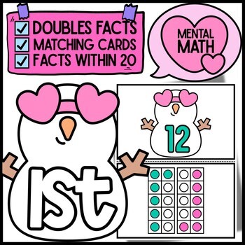 1st Grade Valentine Mental Math Doubles | Facts Within 20 | Snowman & Cherries