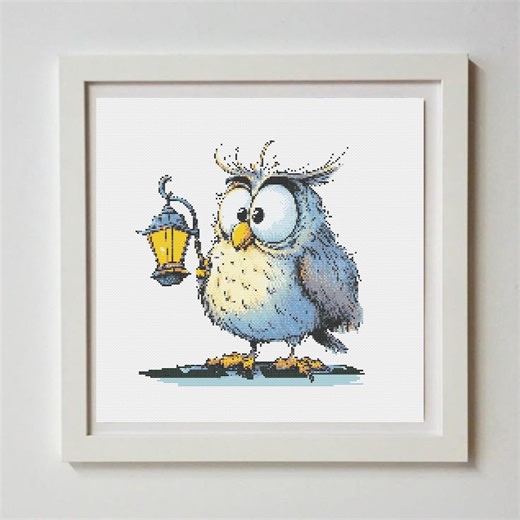 Whimsical Owl Lantern Cross Stitch Pattern, Forest Animal Embroidery Chart (PDF)
