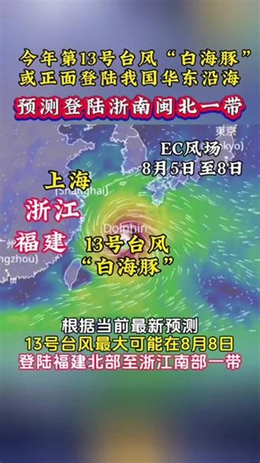 今年第13号台风白海豚逐渐靠近我国东部海域！当前最新预测登陆地点在福建北部至浙江南部一带沿海，登陆时强度可能较强，请华东沿海的朋友务必关注台风动向#台风 #台风白海豚 #福建dou知道 #浙江dou知道 #台风实时路径