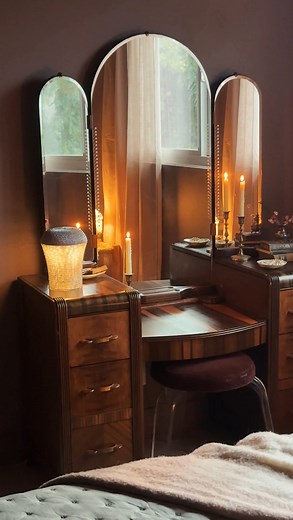 Styling the 1930s Art Deco vanity I just restored! I’ve gotten so many comments asking to see it in my space, so here it is ✨ . Filmed on a quiet rainy day in LA. Let me know how you think it turned out!! . . #vintage #restoration #vintagedecor #artdeco #timewoven #interior #bedroominspo #interiordesign #bedroom #vanity #diyfurniture | Kyle William