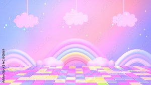 Looped cartoon disco floor with rainbows and clouds animation.
