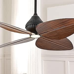 52" Ceiling Fan, Tropical Ceiling Fans with APP and Remote Control, Indoor Palm Leaf Ceiling Fans with Lights for Living Room Bedroom Patios, Dimmable(Walnut)
