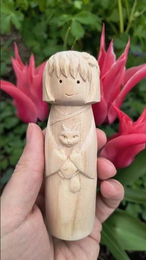 Hand-Carved Wooden Kokeshi Doll with Cat #woodcarving