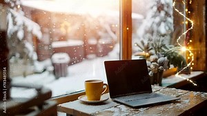 Scene of laptop by window, 4k animated virtual repeating seamless