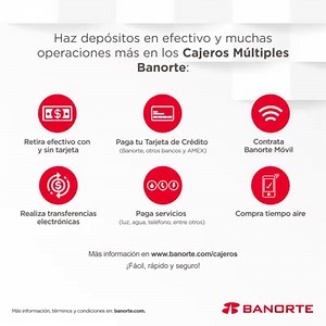 Con nuestros Cajeros Múltiples ya no tendrás que acudir al banco, aquí puedes realizar tus operaciones bancarias cuando lo necesites. Conoce las operaciones que puedes hacer en ellos. www.banorte.com/cajeros Aplican restricciones | Banorte