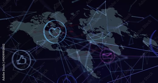 Light streaks starting global map animating icons appearing pulsing linking to show data network