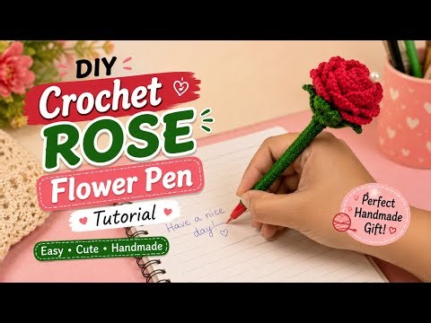 DIY Crochet Rose Flower Pen 🌹 | Easy & Beautiful Crochet Pen Tutorial | Handmade Gift Idea