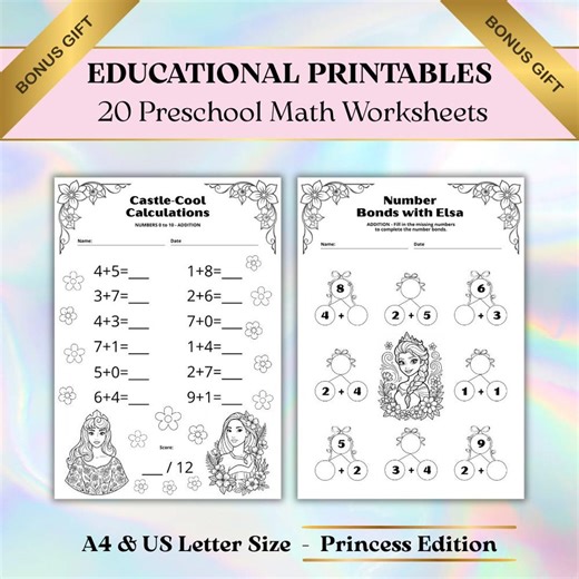 20 Preschool Math Worksheets, Princess Edition, Addition, Subtraction, Single Digit, Activity Pages (digital Download) A4/US Letter Size - Etsy