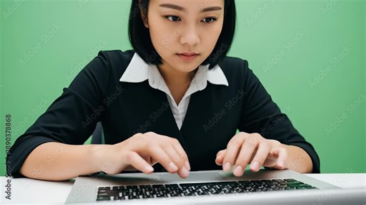 Woman in black blazer typing on laptop computer in front of green background.