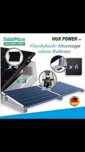 ISolarPro GmbH on Instagram: "📌 Flachdach-Montage in Minuten – ohne Bohren! ☀️🔧* Mit der HUX-POWER® 10° PV-Aufständerung montierst du Solar-Module schnell und sauber: aufstellen → Modul fixieren → Mikrowechselrichter verbinden → fertig... ✅ Unterkonstruktion + Beschwerung in einem (stabiler Betonsockel) ✅ Keine Durchdringung der Dachhaut – kein Aufbohren nötig ✅ 10° Neigung Reihenaufbau oder die Ost-West-Ausrichtung – ideal für Flachdächer sowie flache Garten- und Freiflächen. ✅ Windkanal-gepr