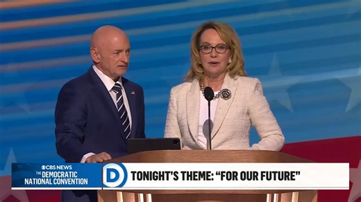 Former Arizona Rep. Gabby Giffords, who was shot in an assassination attempt in 2011, appeared on stage with her husband, Sen. Mark Kelly, to deliver remarks at the DNC: "I almost died. But I fought for my life, and I survived," she said, adding that Kamala Harris "can beat the gun lobby." | CBS News
