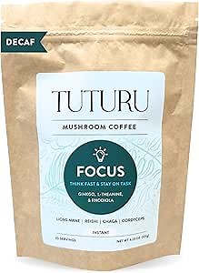 Decaf Focus Mushroom Coffee | Adaptogen Instant Coffee with Lion's Mane, Chaga, Ginkgo, L-Theanine | Jitter & Crash Free Energy | 30 Servings (Decaf Instant)