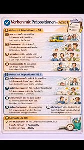 German Verbs with Prepositions (A2–B1) 🇩🇪📘 Learn how verbs work with fixed prepositions and cases! From warten auf to abhängen von — these combinations are essential for speaking correct and natural German. Remember: the preposition is fixed and decides the case ✔️ Perfect for A2 to B1 learners aiming to level up 💪✨ #LearnGerman #GermanGrammar #A2German #B1German #DeutschLernen | Easygerman01