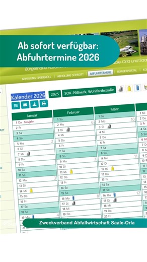 Bereit für den Blick ins neue Jahr? ✨ Die Abfuhrtermine 2026 sind ab sofort online. Hol dir die Infos auf unserer Webseite oder in der ZASO-Abfall-App. 📱💻 Für Alle, die es gern in Papierform haben: Die Verteilung der Abfuhrterminhefte startet auch in dieser Woche. ℹ️ Und nicht vergessen: Bis spätestens 6 Uhr am Abfuhrtag müssen Behälter und Säcke zur Abfuhr bereitstehen!🕕 Dein ZASO-Team #zaso #saaleorlakreis #landkreissaalfeldrudolstadt #abfallwirtschaft #Abfuhrtermine | Zweckverband Abfallwi