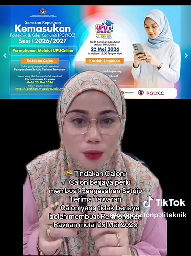 📢 SEMAKAN KEPUTUSAN KEMASUKAN POLITEKNIK & KOLEJ KOMUNITI (POLYCC) SESI I 2026/2027 🎓✨ Tahniah kepada semua calon yang telah membuat permohonan melalui UPUOnline! 💙 Keputusan kemasukan boleh mula disemak pada: 🗓 22 Mei 2026 ⏰ Mulai jam 12.00 tengah hari 📌 Semakan boleh dibuat melalui: ✅ Portal UPUOnline ✅ Aplikasi UPU Pocket ✅ Aplikasi MyGov 📣 Tindakan Calon: ✔️ Calon berjaya perlu membuat Pengesahan Setuju Terima Tawaran ✔️ Calon yang tidak berjaya boleh membuat Permohonan Rayuan mulai 25