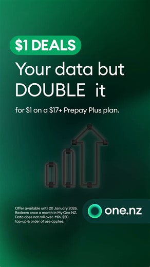 $1 deals are back and bigger than ever! Get double your data for $1 when you're on a $17 Prepay Plus plan. 🙌🏻 Offer available until 20 January 2026. Redeem once a month in My One NZ. Data does not roll over. Min. $20 top-up & order of use applies. | One New Zealand