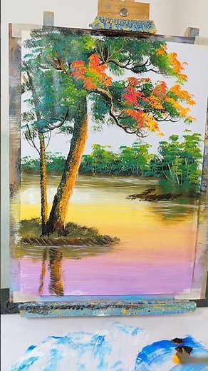 Spring Tree Reflected on the River — Easy Painting with Fan Brush | Part 1