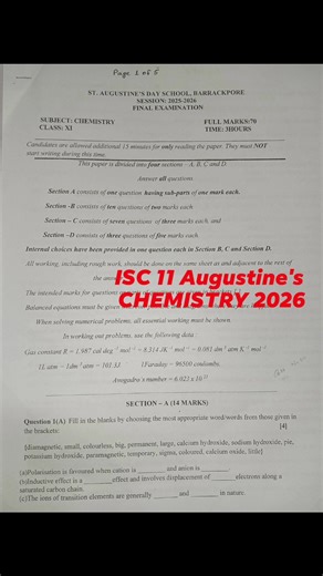 ISC Class 11 ANNUAL CHEMISTRY Paper -26 Exam: ANNUAL (Final)(80Marks) 2025-26 School: ST. AUGUSTINE'S DAY SCHOOL, BARRACKPORE Subject: CHEMISTRY QUESTION PAPERS ANNUAL school QUESTION PAPER Exam Date: Starting - 19/01/2026 Previous Years Question Paper PYQP #question #questionpaper #DMHSS #Douglasschool #ICSESchool #ICSE #computerscience #computer Rupak Mathematics Tuition Center | Rupak Mathematics Tuition Center