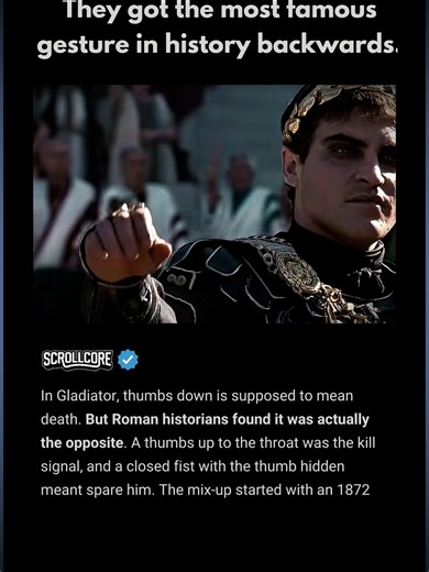 In Gladiator, thumbs down means death. But Roman historians found it was actually the opposite - thumbs up to the throat was the kill signal. The mix-up started with an 1872 painting that guessed wrong. #gladiator #russellcrowe #romanempire #moviefacts #movies #film #history #movietok #fyp