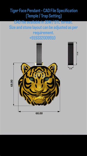 Tiger Face Pendant – CAD File Specification (Temple / Trap Setting)CAD file available in 3DM / STL format. Size and stone layout can be adjusted as per requirement. 919332009910 #TigerPendant #JewelryCAD #MicroSetting | Rubel Sk