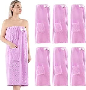6 Pcs Spa Robe Bath wrap Towels for Women Waffle Spa Wraps with Pocket Adjustable Closure Lightweight Towel Wraps for Bath Shower (Purple, Medium)