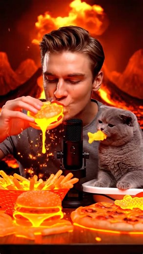 Kitten & Man Mukbang In Lava Volcano , ASMR (AI)
