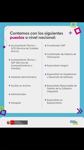 📢 ¡Nuevas convocatorias CAS en Cuna Más! El Programa Nacional Cuna Más del Ministerio de Desarrollo e Inclusión Social del Perú abre nuevas oportunidades laborales para seguir fortaleciendo la atención y el desarrollo infantil temprano en todo el país. Si quieres formar parte de nuestro equipo y contribuir al bienestar de miles de niños, revisa los requisitos y postula en el siguiente enlace: 🔗 www.gob.pe/cunamas y elige la opción