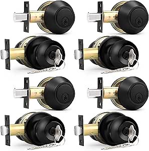 Probrico Flat Black Entry Door Knobs and Single Cylinder Deadbolt Lock Combo Set, Exterior Lockset, Keyed Alike, Set of 4