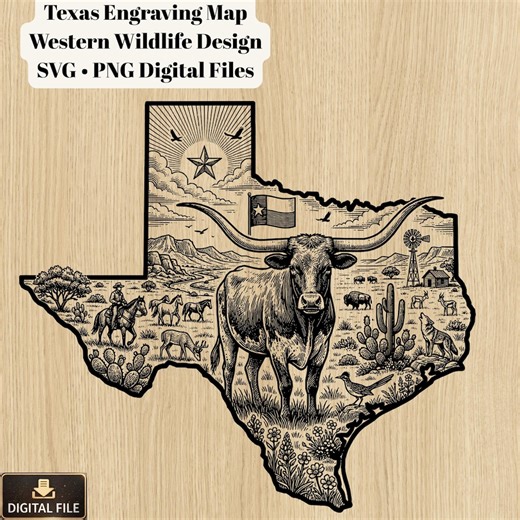 Texas Map SVG, Western Longhorn Desert Landscape Engraving File (digital Download) - Etsy