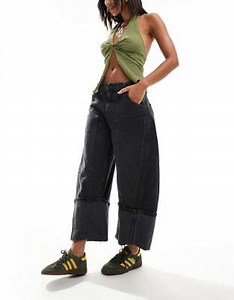 Free People olsen statement cuff barrel jeans in washed black | ASOS