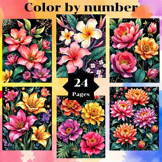 Color by number, Flowers 24 pages and colors, For adults, Printable, 8.5 x 11 In, PNG & SVG, Digital, Instant  Download, Paint by numbers