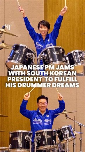 Japanese PM Sanae Takaichi surprised South Korean President Lee Jae Myung with a drumming session after summit talks, playing 2 K-pop songs -- Dynamite by BTS and Golden from KPop Demon Hunters. “When I met him at APEC, he told me playing the drums was a dream of his, so I set this up as a surprise,” said Ms Takaichi, who used to drum in a heavy metal band. https://str.sg/puit | The Straits Times