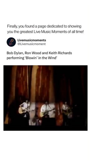 Live Music Moments on Instagram: "Bob Dylan, Keith Richards and Ron Wood delivered a rare live rendition of “Blowin’ in the Wind” together at Live Aid on July 13, 1985 at John F. Kennedy Stadium in Philadelphia, one of the biggest global benefit concerts of the era and broadcast to millions worldwide. Onstage amidst performers from across rock’s spectrum, Dylan led the performance of his 1962 protest classic — with Richards and Wood adding guitars — turning a folk anthem about peace and freedom 