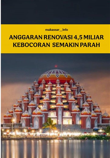 Komisi D DPRD Sulawesi Selatan menyoroti penggunaan anggaran sekitar Rp4,5 miliar untuk rehabilitasi Masjid Kubah 99 Asmaul Husna (Masjid 99 Kubah) yang dinilai tidak berjalan efektif. Perbaikan yang dilakukan pada tahun 2025 itu disebut tidak mampu mengatasi masalah kebocoran pada bangunan, bahkan dinilai membuat kondisinya semakin parah. Ketua Komisi D DPRD Sulsel, Kadir Halid, menyampaikan bahwa dana miliaran rupiah tersebut terkesan tidak memberi hasil sesuai tujuan awal rehabilitasi, yakni 