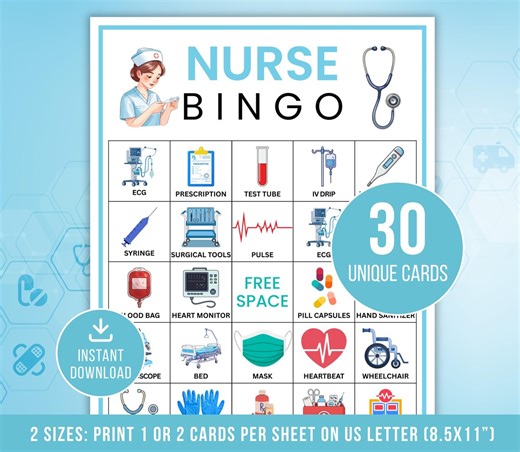 Nurse Bingo, 30 Nurse Bingo Cards, Printable Bingo Game, Doctor Bingo, Nurse Bingo, Nurse Graduation Party, Nurse Retirement, PDF