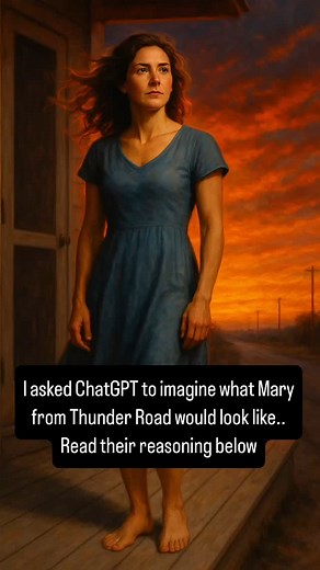 Here’s how I imagine Mary from “Thunder Road” — Bruce Springsteen’s poetic heroine — based on the lyrics and tone of the song: ⸻ Mary stands barefoot on the porch, the screen door clinging behind her like a memory. Her dress waves gently in the breeze, not flashy — maybe faded blue cotton, the kind that looks lived in. She’s not a dreamer in makeup and heels, but a woman with quiet strength and restless eyes — like she’s read too many books and stayed in town too long. Her hair is loose, catchin