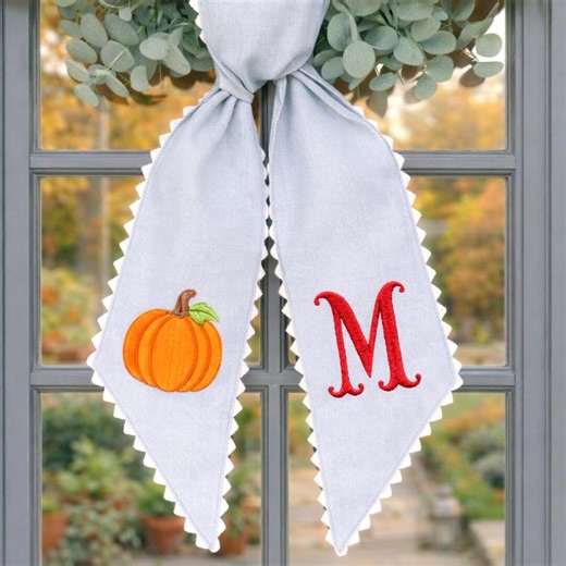 Embroidered Monogram Pumpkin Wreath Sash, Black Linen Door Bow, Fall Halloween Decor - Etsy