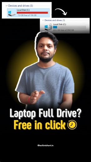 Ram Yadav | Tech In Short on Instagram: "📍C Drive Full:- How To Free Drive Space? 💡 PC ya laptop ki C drive ka storage full ho gaya hai? toh Kuch bhi delete karne se pehle ek bar video me btayi gayi tricks ko jarur kr lenaa 📍Covered Queries in 20 Seconds: ▶ ▶ How to Free up Disk Space using CMD ▶ CMD trick to clear storage fast ▶ Free space on PC when storage is full using command prompt ▶ powercfg hibernate off CMD free up space ▶ Delete temp files via CMD to free space ▶ CMD commands to cle