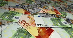 Dollar Euro Shekel banknote surface. Flying over USD EUR and ILS money note. 3D concept of exchange, inflation, economy, finance, import, export, exchange rate, crisis and banking. Seamless looped.
