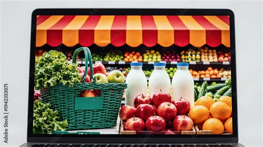 Laptop screen displays a grocery store produce stall with a basket of fruits