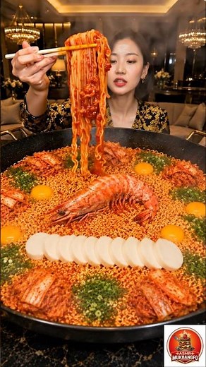 Giant Spicy Shrimp Ramen Feast 🦐🔥 | ASMR Mukbang with Kimchi, Rice Cakes & Egg Yolks