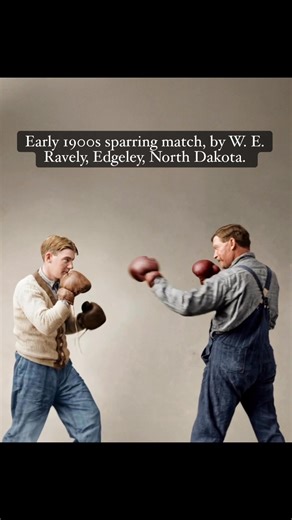 Two boxers square off in the ring, captured by photographer W. E. Ravely in Edgeley, North Dakota, during the early 1900s. From the original glass negative I personally own, scanned at high resolution, restored, colorized, and animated to show the motion of the punch. Does this remind you of old boxing stories or family photos from that time? Share if it does. #VintageBoxing #RestoredHistory #WERavely #MemoryLanePhotos | Memory Lane Photos
