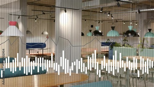 Open-plan office lounge showing white waveform fluctuating with ambient audio for sound monitoring